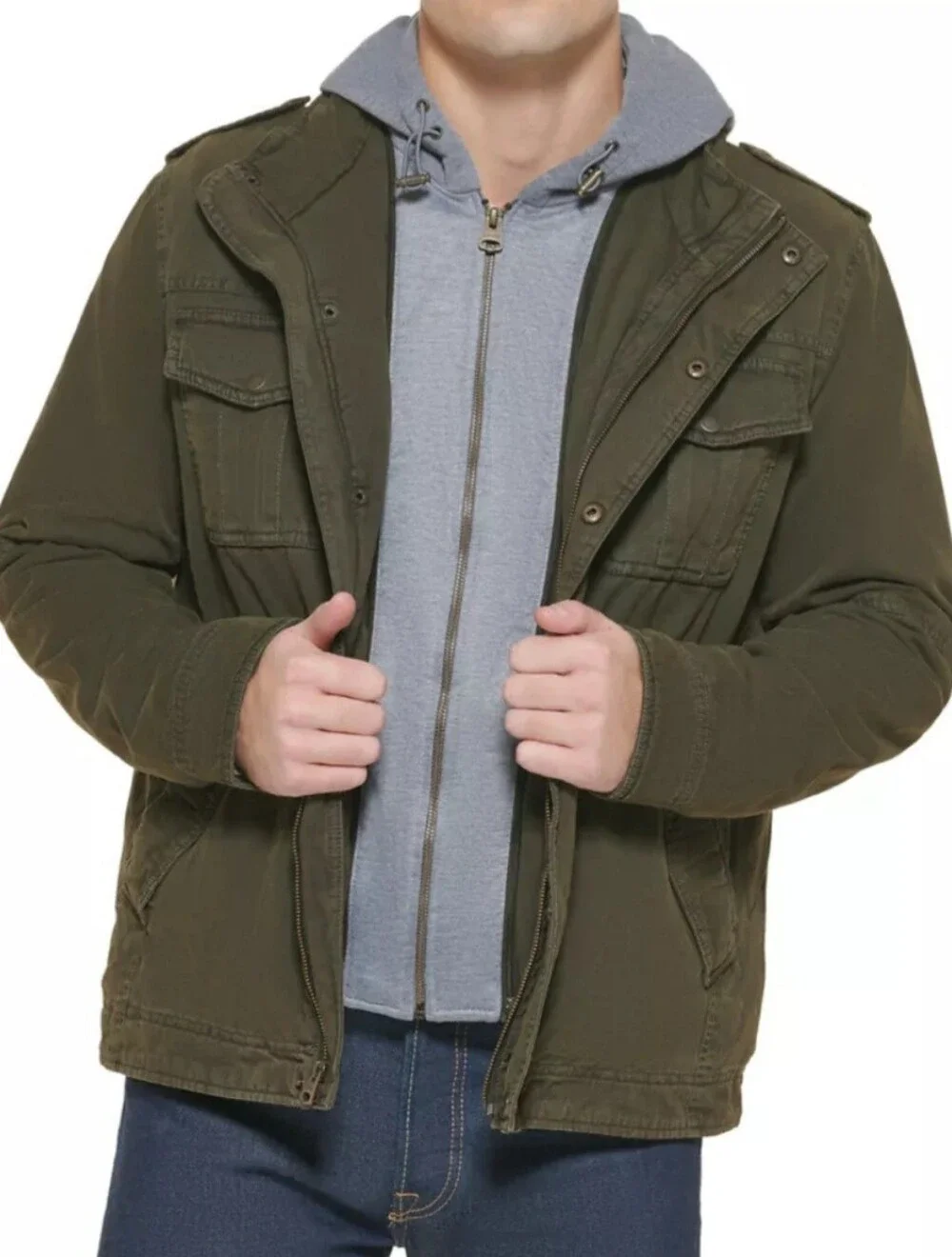 NWT Men's Levi's Military Trucker Jacket with  a Removable Hood and Bib Size L